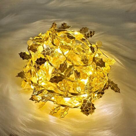 Guirlande micro LED 5 m/50 LED + feuilles dorées, piles, blanc chaud, mariage/balcon/mur/chambre.
