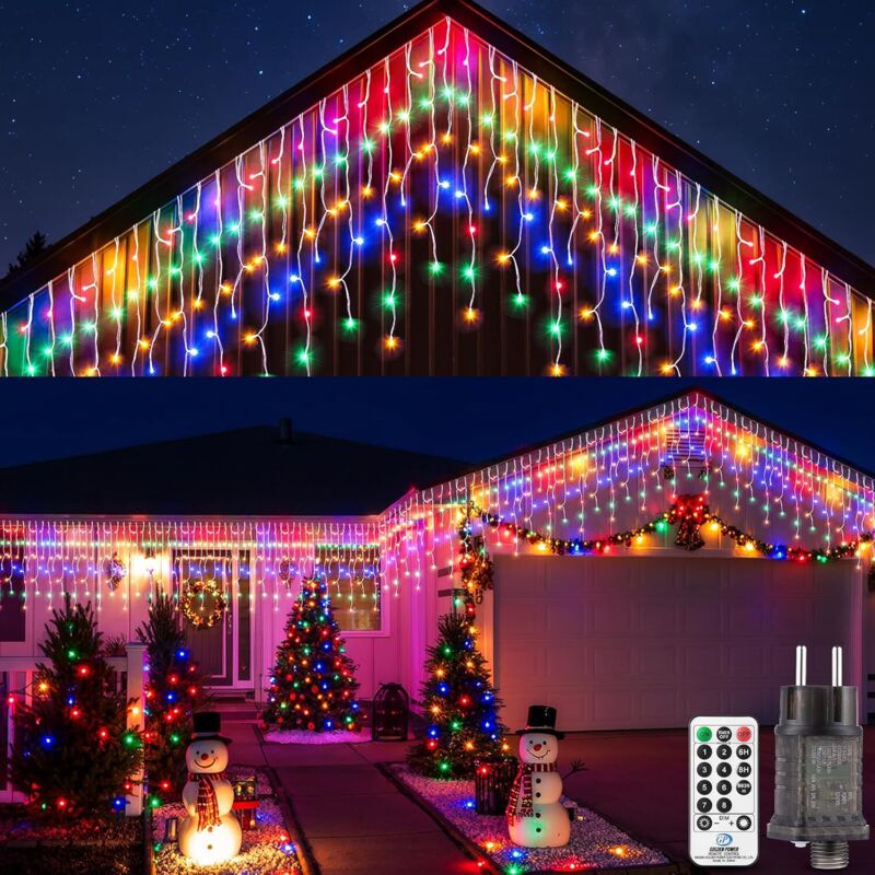 Guirlande Noel Exterieur Lumineuse LED - 10M Multicolore Rideau Lumineux Noël Exterieure Étanche Icicle Lights pour Extérieur Christmas Decoration