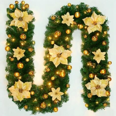 Guirlande Noël sapin avec LED+ boule dorée + fleur dorée- 2,7m - pour décoration Noël exterieur intérieure-Or