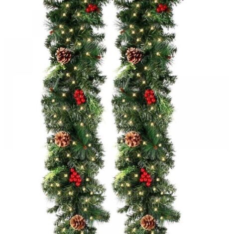 Guirlande sapin artificiel lumineuse 270 cm – 50 LEDs – 230 têtes – Pommes de pin et fruits rouges – Décoration Noël cheminée escalier