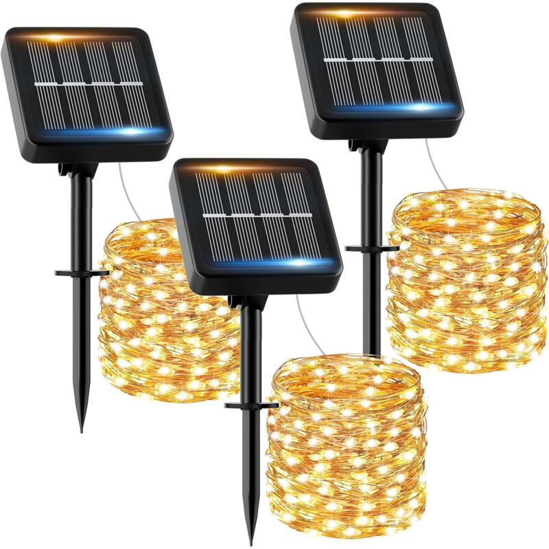 Guirlande Solaire Exterieur 10M 100LED 【Lot de 3】 Guirlande Lumineuse Exterieure Solaire Étanche Blanc Chaud 8 Modes Lumière Solaire Décoration pour