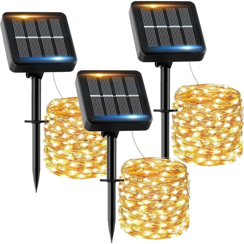 SNQ - Guirlande Solaire Exterieur 12M 120LED 【Lot de 3】 Guirlande Lumineuse Exterieure Solaire Étanche Blanc Chaud 8 Modes Lumière Solaire Décoration