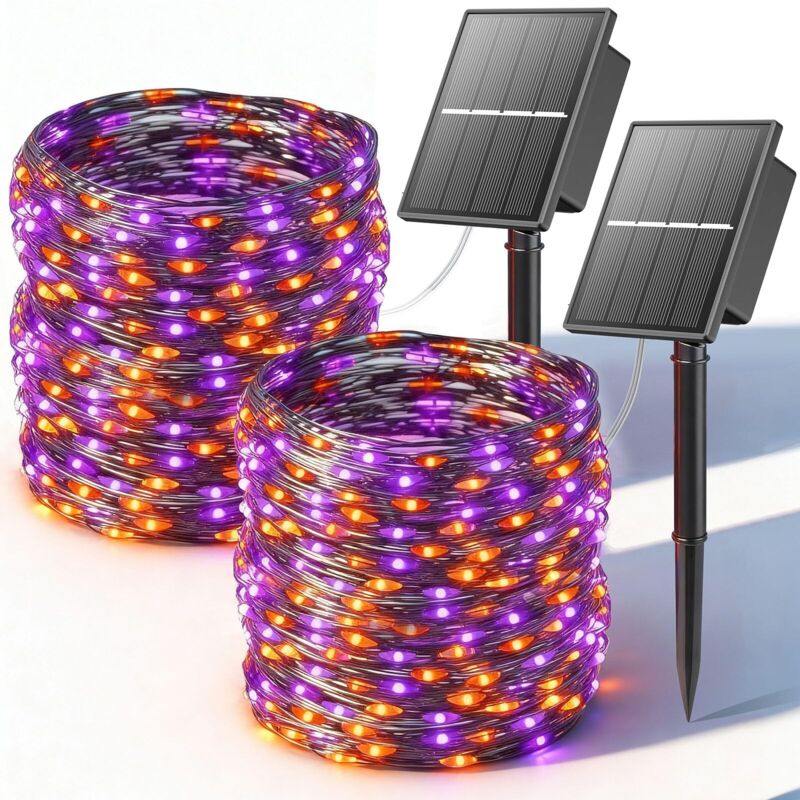 Guirlande Solaire Exterieur Décorations,2 x 12 m Total 400 LED Guirlande Lumineuse 8 Modes Orange Violet Guirlande Lumineuse Étanche Pour, extérieur,