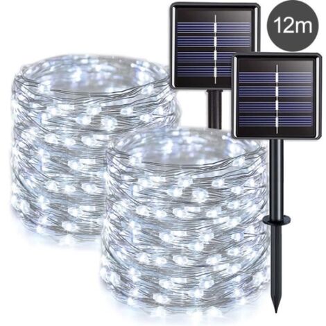 Guirlande Solaire Extérieure Fil Argenté Étanche - Décoration pour Jardin, Patio ou Noël, Lumière Blanche / 12m