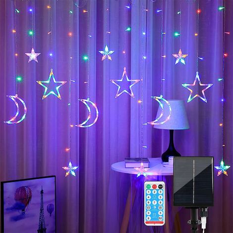 Guirlande solaire Guirlande lumineuse solaire étanche extérieure étoile lune 138 LED lumières scintillantes à énergie solaire intérieure avec télécommande colorée Wnidow lumières pour fête de Noël balcon Ramanda décor - -