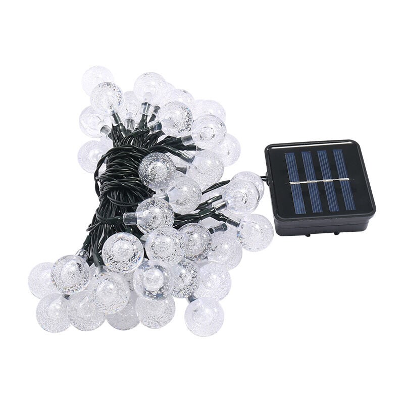 Guirlande solaire led 30 boules (6,50m)-fil vert foncé, pile noire et charge solaire, boule transparente, blanc chaud-noir