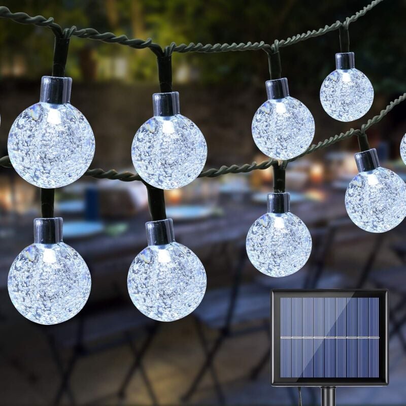 Guirlande solaire led 30 boules (6,50m)-fil vert foncé, pile noire et charge solaire, boule transparente, blanc clair-noir