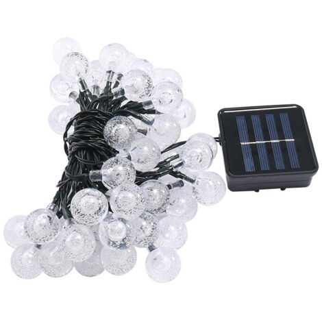 Guirlande solaire LED 30 boules (6,50m)-fil vert foncé, pile noire et charge solaire, boule transparente, blanc clair-noir-Ensoleillé