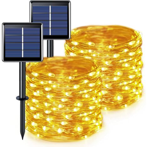 Guirlande solaire Lot de 2 guirlandes solaires 200 LED étanches, 20 m blanc chaud avec 8 modes, guirlande lumineuse solaire en fil de cuivre pour jardin, terrasse, Noël, fête de mariage - Blanc chaud