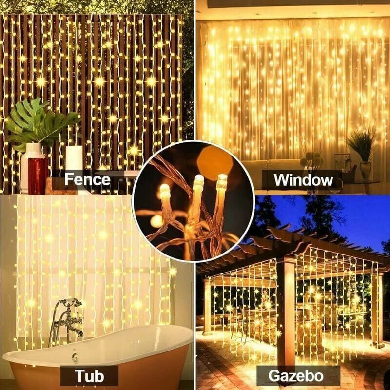 SNQ - Guirlande solaire Lumières de rideau solaires améliorées blanc chaud télécommande, lumières de jardin extérieures 300 led 8 modes télécommande