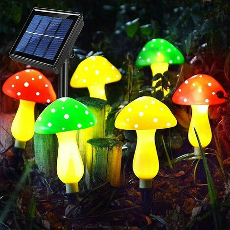Guirlande solaire Lumières solaires extérieures améliorées de champignon de jardin (6 lampes de champignons), 8 modes