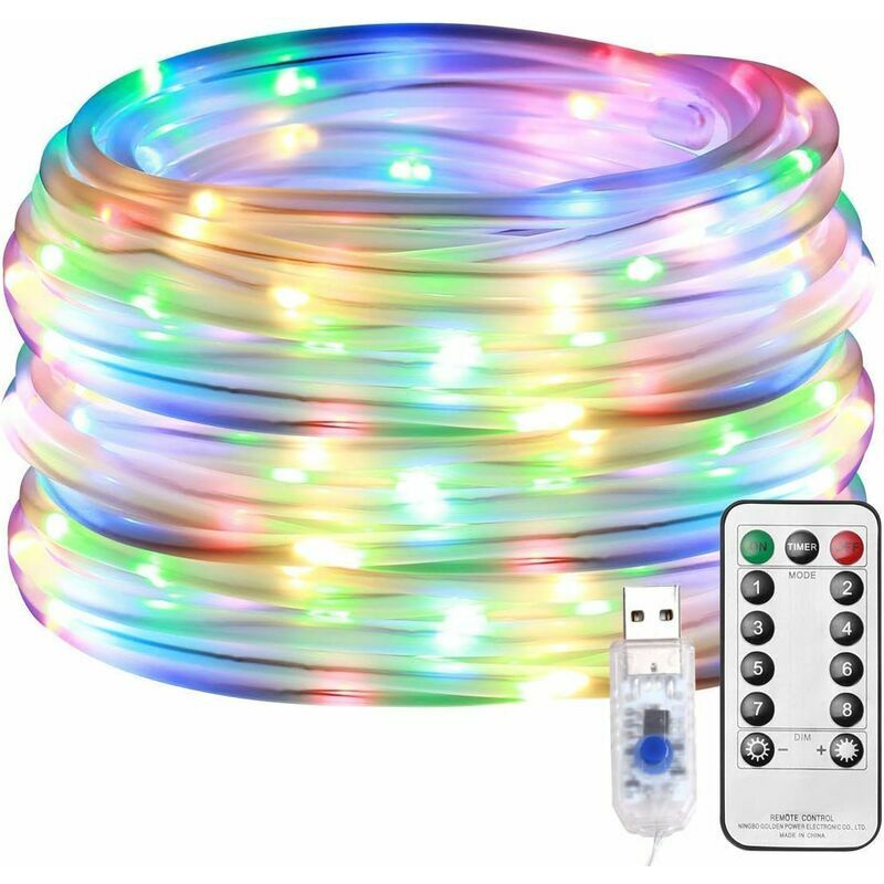 Guirlande Tube Lumineuse LED 10m, Tube Lumineux Extérieur USB Étanche IP65, 8 Modes Télécommande, avec Minuterie et Fonction de Mémoire, pour