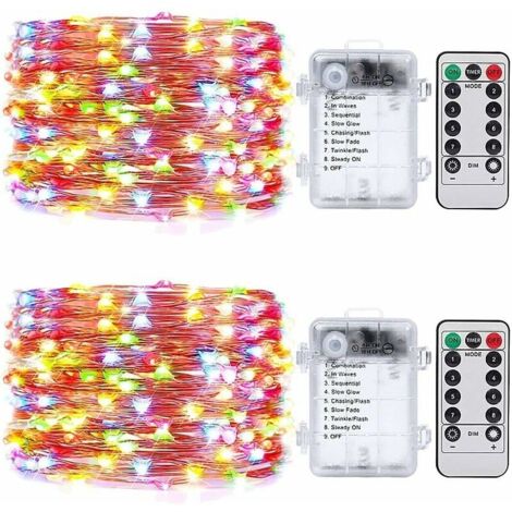 Guirlandes Féeriques à 50 LED Multicolores, 5 M, Fonctionnent avec Batterie et Télécommande de Réglage de La Minuterie, Intérieur ou Extérieur, Lot de 2
