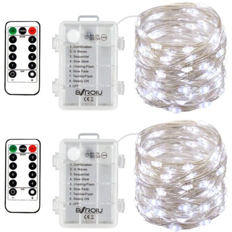 Guirlandes lumineuses à piles, fil argenté, 8 modes d'éclairage, 5 m (16 pi), 50 LED avec télécommande pour chambre, Noël, fête, décoration de mariage (blanc)