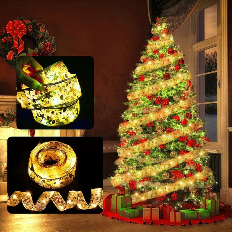 ersandy - guirlandes lumineuses à ruban brillant lumières de noël à led de 10m,decoration sapin noel,arc en dentelle diy décor arbre de noël vacances