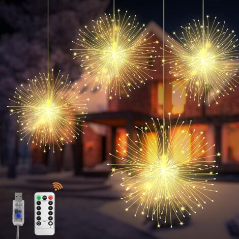 Guirlandes lumineuses de Noël,lot de 4 Lampe pissenlit USB 480 LED,guirlandes lumineuses étanches à fil de cuivre,idéales pour la décoration extérieure de Noël