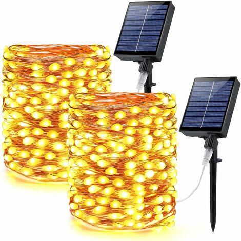 Guirlandes lumineuses solaires, lot de 2 grandes perles de lampe à DEL de 66 pi 200 guirlandes lumineuses solaires super lumineuses pour l'extérieur, étanches, lumières scintillantes solaires à 8 mode