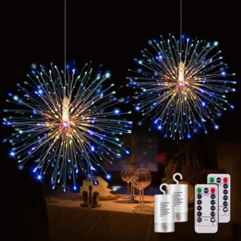 Guirlandes lumineusesLot de 2 feux d'artifice 180 LED fil de cuivre Starburst guirlandes lumineuses 8 modes guirlandes lumineuses à piles avec télécommande (coloré)