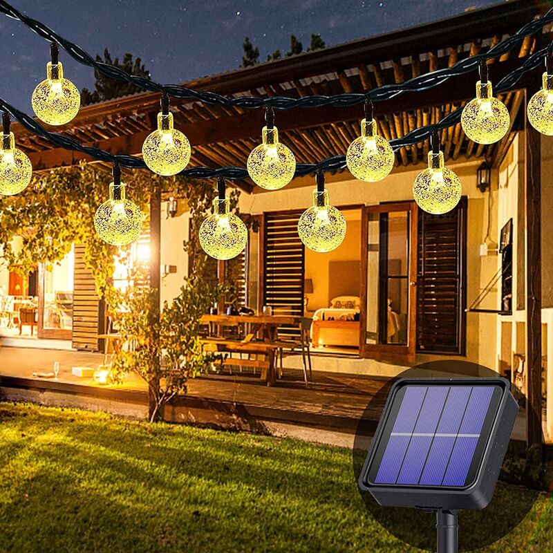 Guirlande lumineuse solaire (lumière blanche chaude), 7 m 50 led étanches, 8 modes, lampes solaires de jardin pour cour, porche et décoration de fête