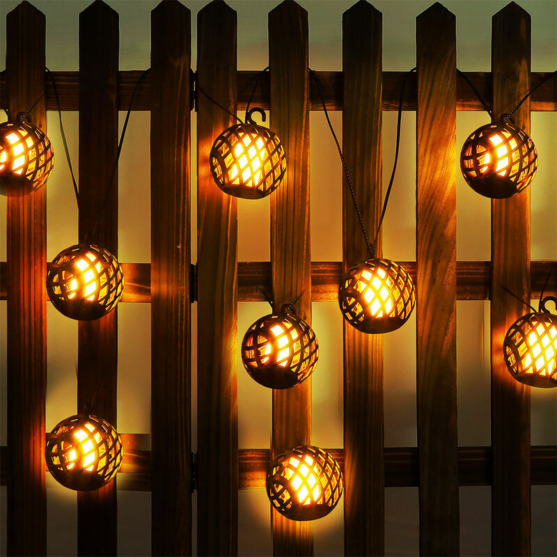 Guirlandes solaires led extérieur décoration balcon solaire avec lanternes en forme de boule et effet feu, noir, blanc, led blanc chaud, l 410 cm,