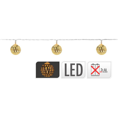 GUIRNALDA A PILAS FIJA 10 LEDS CON BOLAS COLOR ORO LUZ BLANCO CALIDO 1,3m