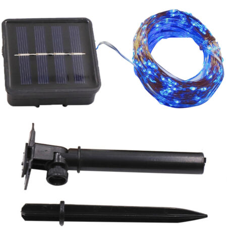 Guirnalda corta de luces solares para exteriores, 50 LED azules, efecto de luciérnaga intermitente, 4,88 m (16 pies), ideal para decorar el jardín y el patio.