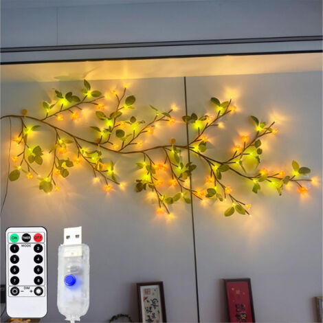 Guirnalda de 96 luces LED de ratán, ramas de camelia, decoración del hogar, escaleras, decoración navideña, alimentación por USB, 8 modos.