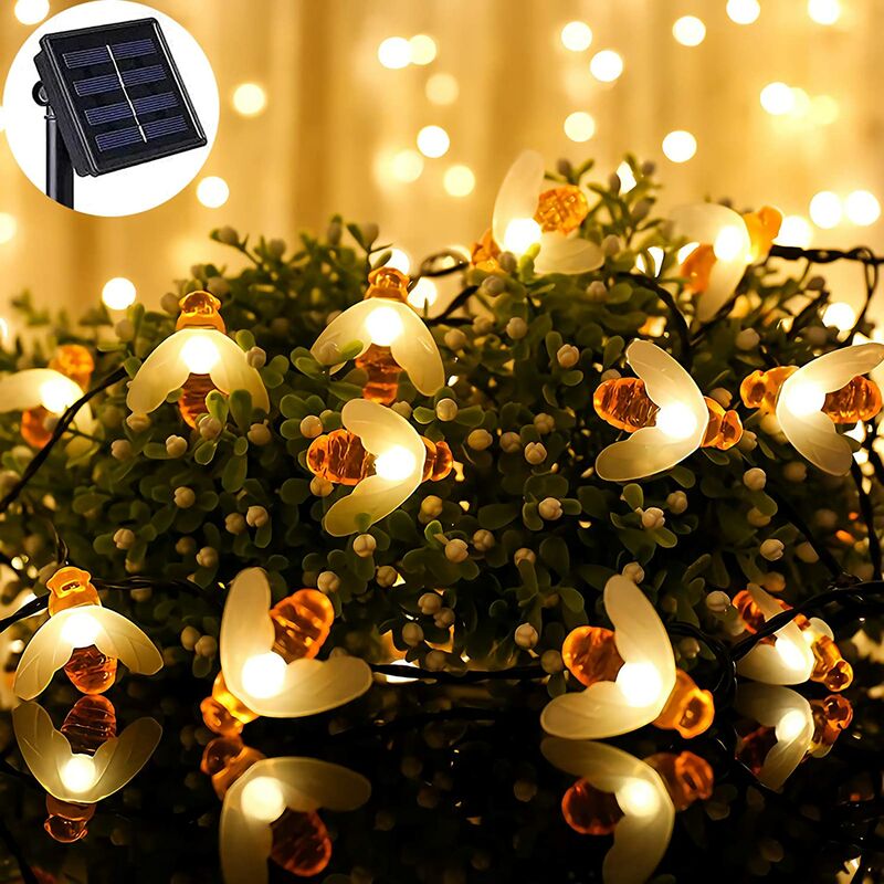 

Guirnalda de abejas solar, 20 LED 5M Guirnalda de abejas solar 8 modos Luces de alambre de cobre Guirnalda impermeable al aire libre para jardín