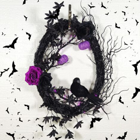 Guirnalda de cuervo negro para Halloween, rosa púrpura artificial, accesorios decorativos colgantes para puertas, ratán artificial