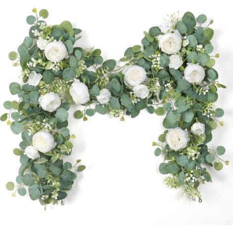 Guirnalda de flores artificiales de eucalipto de 3,6 m con flores blancas para decoración de bodas, mesas, centros de mesa y habitaciones.