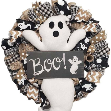 Guirnalda de Halloween de 40 cm con bruja, luna y fantasma. Adorno colgante para puerta, ideal para fiestas navideñas. Guirnalda de arpillera con forma de calabaza. Decoración para el hogar.
