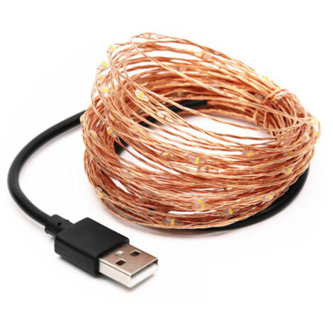 Guirnalda de luces de alambre de cobre con alimentación USB de 5 V, luces de hadas, luces decorativas para fiestas (10 m, 100 luces, blanco cálido)