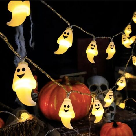Guirnalda de luces de Halloween - 3 m, 20 LED fantasma con temporizador - Funciona con pilas - Ideal para decoraciones de Halloween y otoño - Blanco fantasma