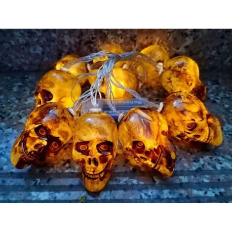 Guirnalda de luces LED de Halloween con forma de calavera, 1,5 m, 10 LED, decoración de Halloween, funciona con pilas, para interior o exterior, para el cuello.