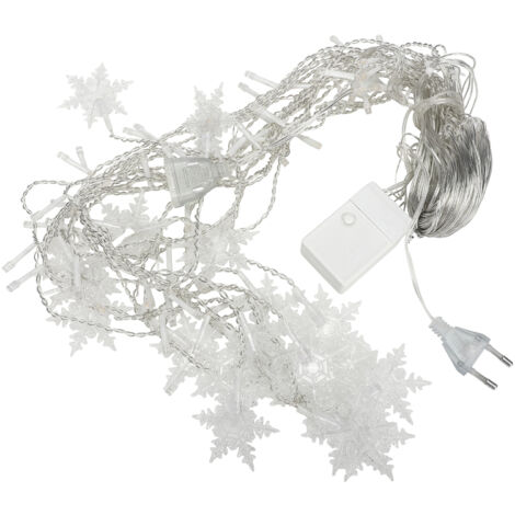 Guirnalda de luces LED decorativas: Luces navideñas con forma de copo de nieve, 4 metros de largo con 96 LED y 19 filamentos, 8 modos de iluminación, resistente al agua (IP44), PVC blanco.
