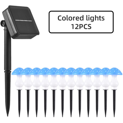 Guirnalda de luces LED solares con forma de hongo, 6/8/12 unidades, ABS/IP65, blanco cálido/azul, 8 modos + función de memoria para valla, patio, jardín.