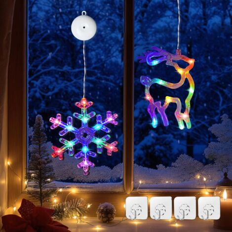 Guirnalda de luces navideñas para ventana (2 unidades): luces colgantes multicolor con forma de copos de nieve y renos, ventosas, temporizador y 2 modos de iluminación LED.