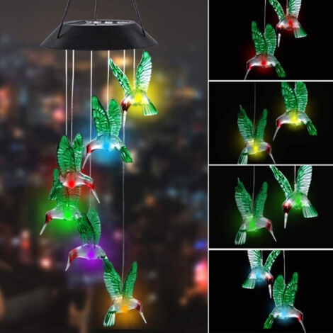 Guirnalda de luces solares con pájaros y campanillas, resistente al viento, con cambio de color, impermeable, carcasa LED negra para jardín y balcón [ABS 70 cm 250 g degradado de color 1 pieza]