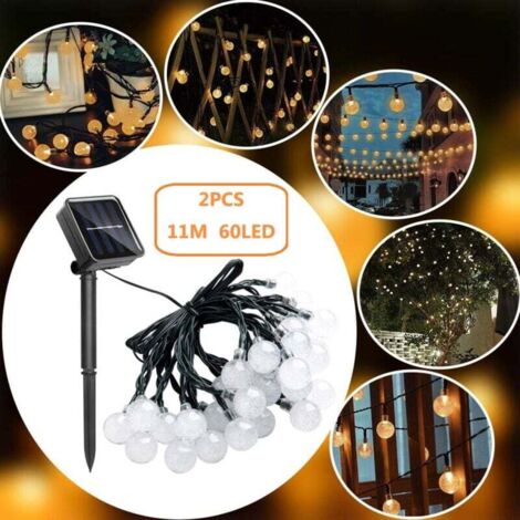 Guirnalda de luces solares de 11 m con 60 LED, 2 unidades, para exteriores, 8 modos, ideal para jardín, Navidad, bodas y fiestas. Blanco cálido.