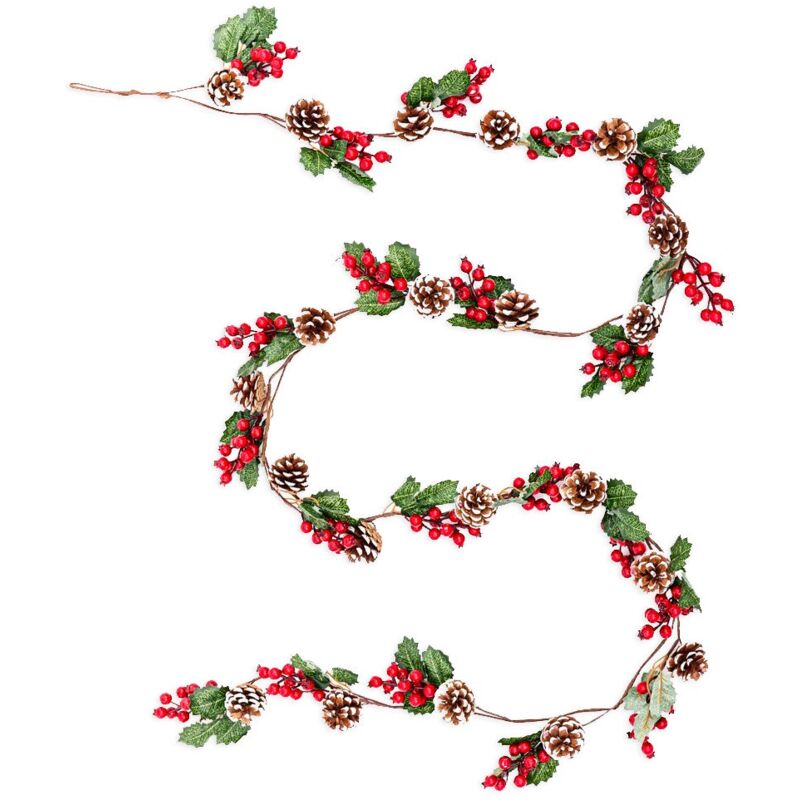 

Guirnalda de Navidad con acebo y piñas de tela verde de 280cm