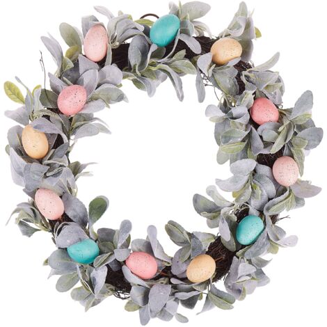 Guirnalda de puerta de Pascua multicolor hojas artificiales hechas a mano huevos decorativos redonda 50 cm decoración rústica Lajares