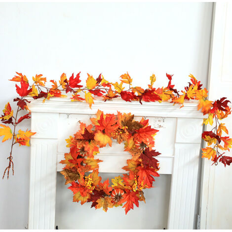 Guirnalda de ratán para puerta, pared o pared, decoración con cuernos, enredadera de hojas de arce simuladas, flor de plástico, guirnalda de hojas de arce otoñal para Halloween