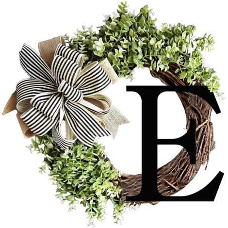 Guirnalda decorativa para puerta con letra E de madera y cinta verde, 36x36 cm, para jardín o hogar, regalo para el Día de la Madre.