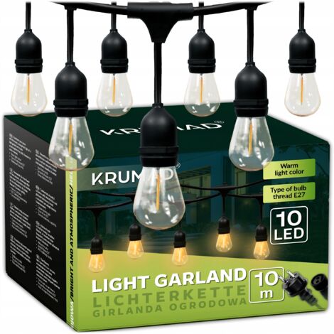 Guirnalda LED para jardín, luces exteriores, cadena de luces de 10 m con 10 bombillas.