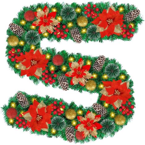 Guirnalda navideña artificial de 2,7 m para árbol de Navidad, decoración navideña de interior, ideal para patios, chimeneas, escaleras y otros espacios. Incluye adornos y flores rojas.