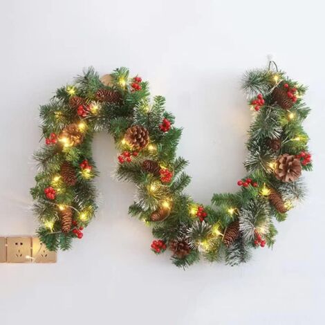 Guirnalda navideña artificial preiluminada de 1,8 m, guirnalda navideña con 30 LED y bolas de pino para árbol de Navidad, chimenea, escaleras, puerta, árbol de Navidad, jardín, patio, etc.