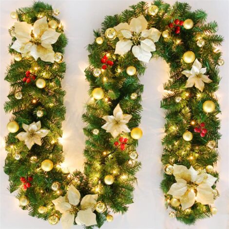 Guirnalda navideña con luces - Guirnalda navideña de 2,7 m - Decoración navideña con 30 luces LED cálidas para escaleras, chimeneas, puertas, decoración, fiesta de bodas navideñas (dorado)