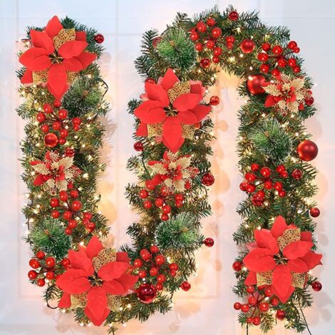 Guirnalda navideña, corona navideña de 2,7 m, 200 ramas, con bayas rojas y agujas de pino blanco, decoración navideña para chimenea con escalones de jardín (roja)