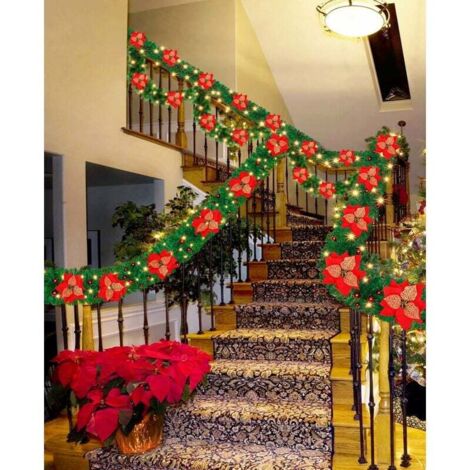 Guirnalda navideña de 2,7 m con luces, guirnaldas navideñas para escaleras, decoración para árbol de Navidad, decoración navideña para chimenea