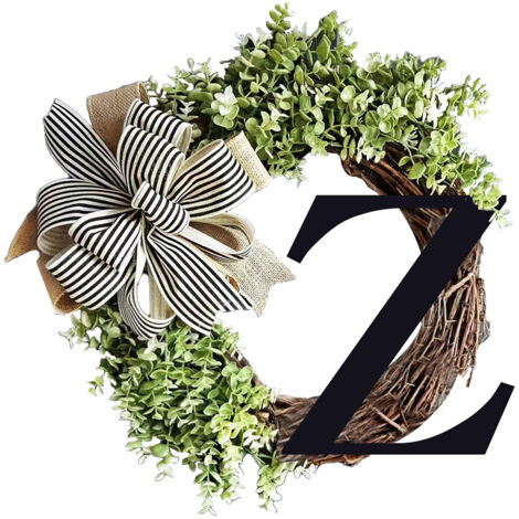 Guirnalda para puerta con letras de madera y cinta, letra Z verde, 36 cm, decoración para patio y casa – guirnalda de vid para uso interior y exterior.